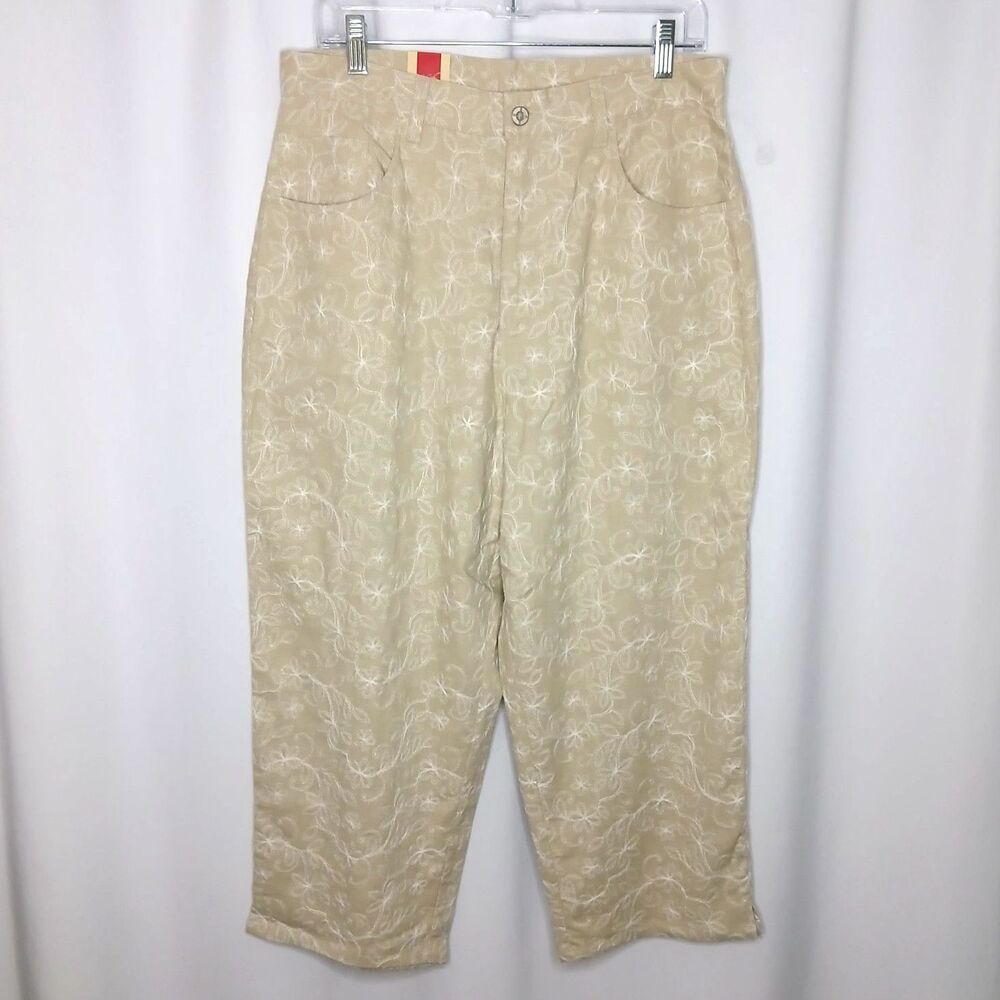 Bill Blass Harbor Weave Capri Crop Pants Khaki Linen Blnd High Rise NWT Womns 12